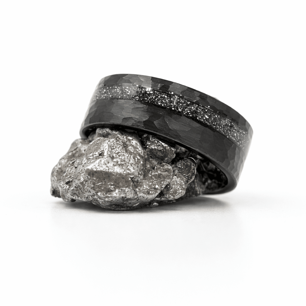 Apollo 13 Black - Black Hammered tungsten & meteorite inlay