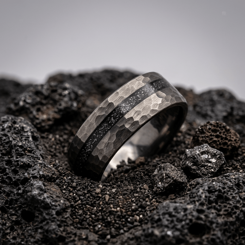 Apollo 13 Black - Black Hammered tungsten & meteorite inlay