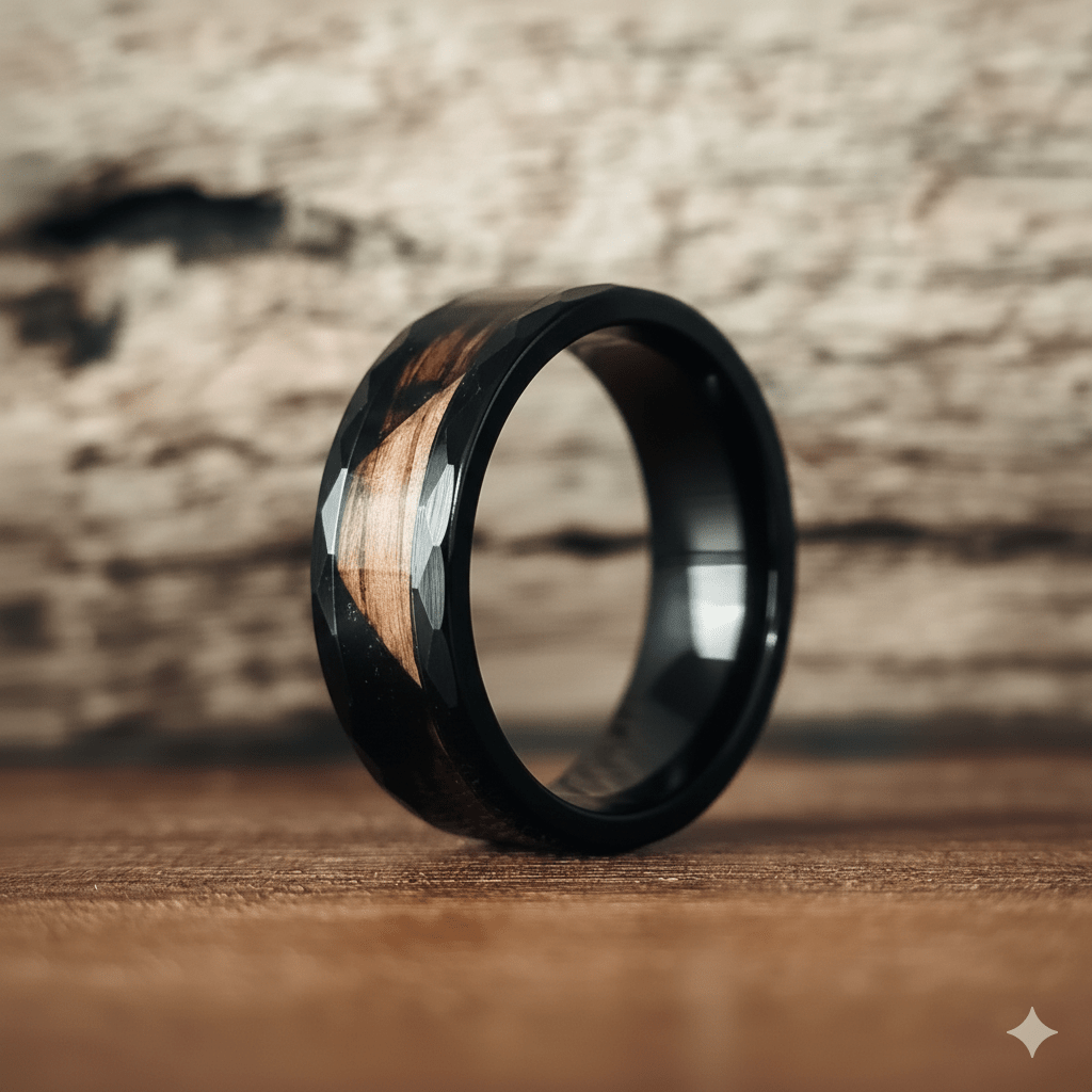 The Viper (New) - Brandy Infused Wood & Tungsten Ring (Hammered)