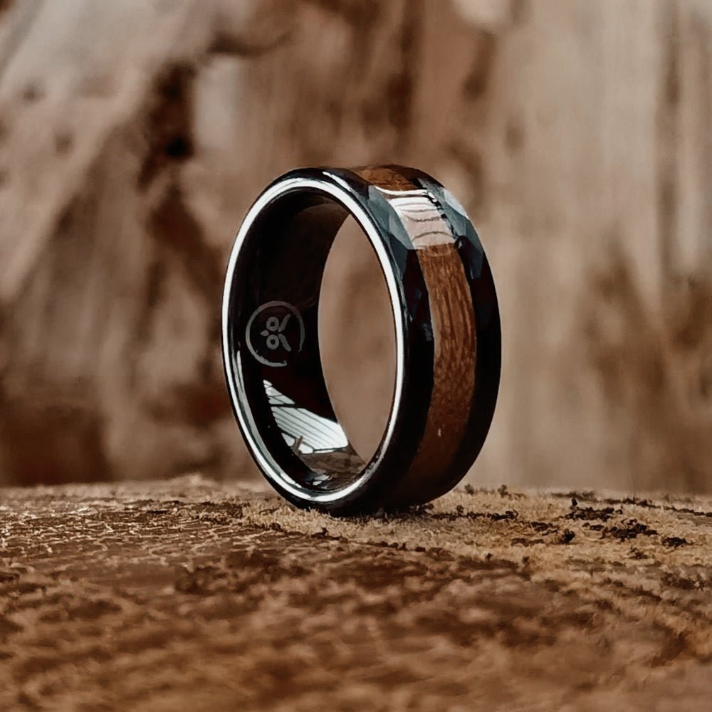 The Bourbon - Whiskey Barrel Men's Tungsten Ring (Hammered)