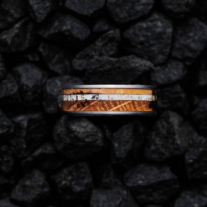 The Jack - Antler & Charred Whiskey Barrel Men's Tungsten Ring