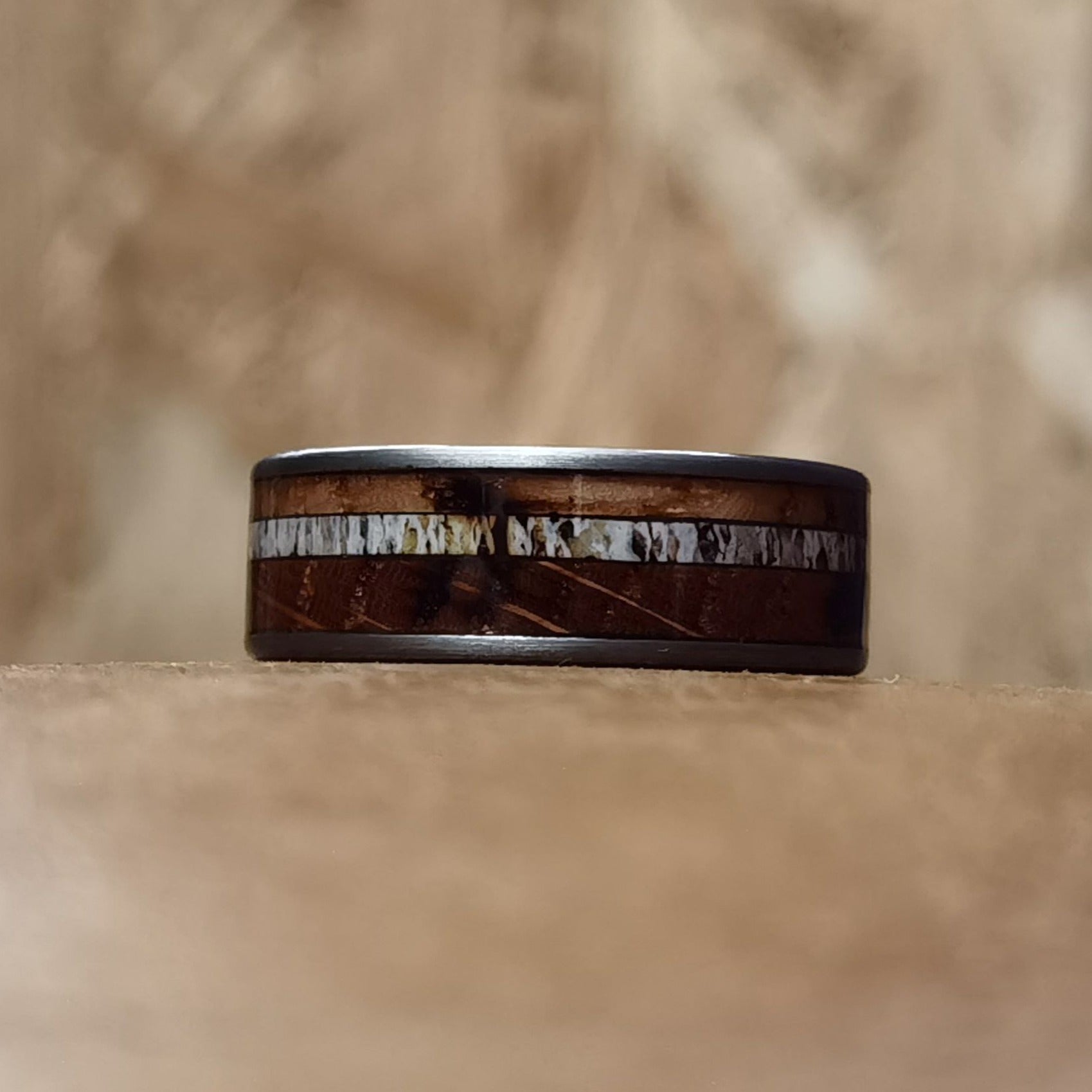 The Jack - Antler & Charred Whiskey Barrel Men's Tungsten Ring