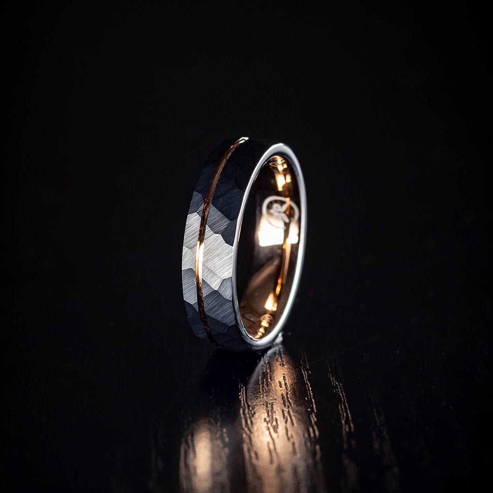 The Mechanic - Black Hammered & Rose Gold Men's Tungsten Ring