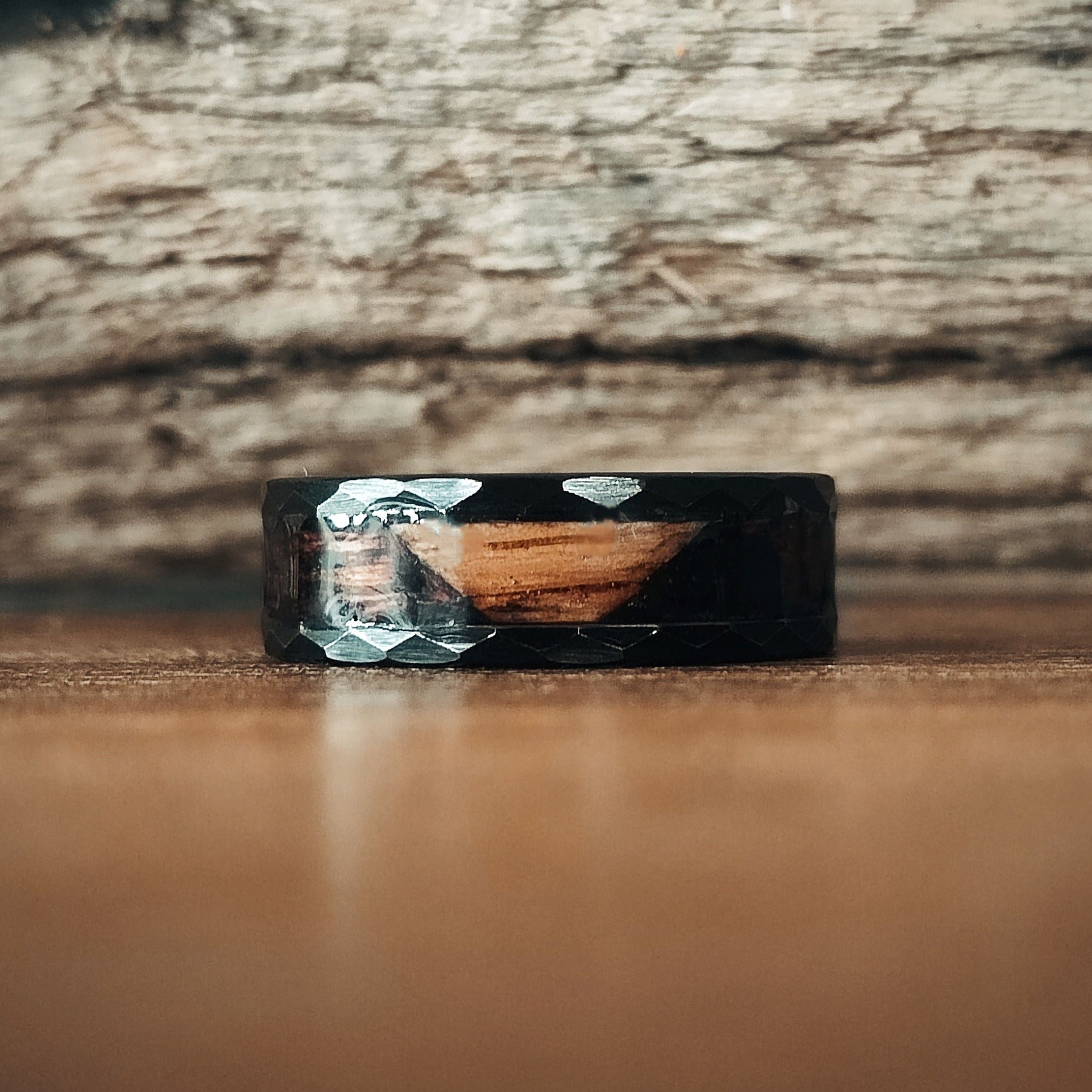The Viper (New) - Brandy Infused Wood & Tungsten Ring (Hammered)