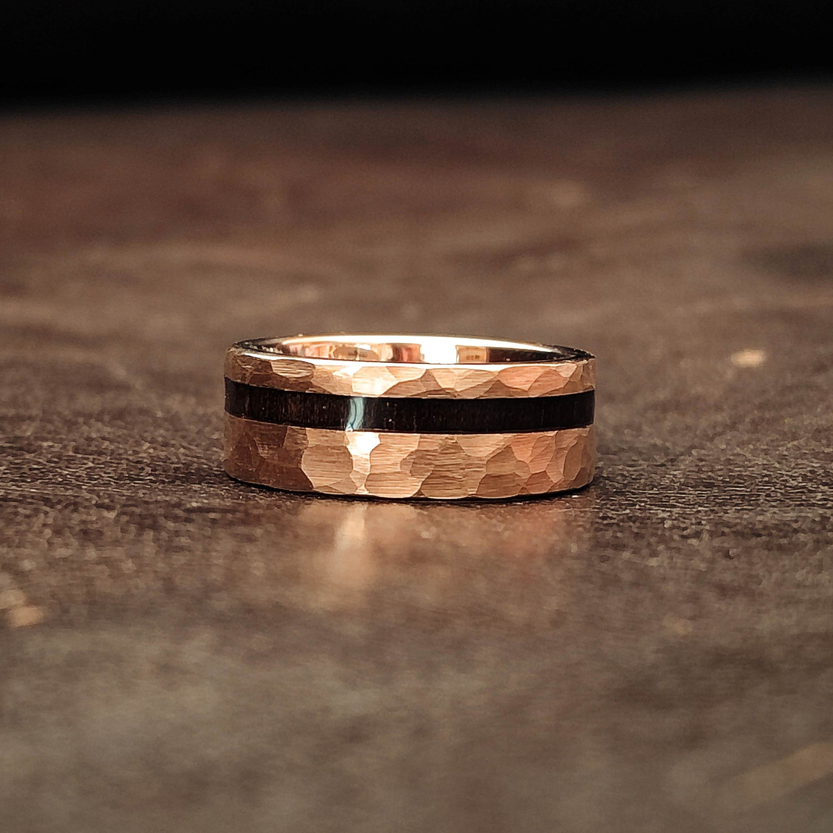 Wolverine - Hammered Rose Gold & Ebony Inlay Men's Tungsten Ring