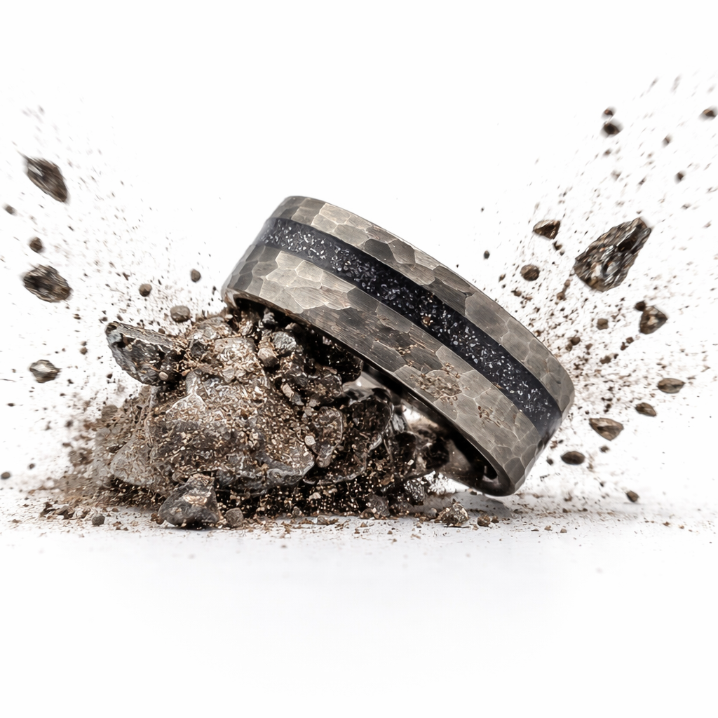 Apollo 13 - Hammered tungsten & meteorite inlay