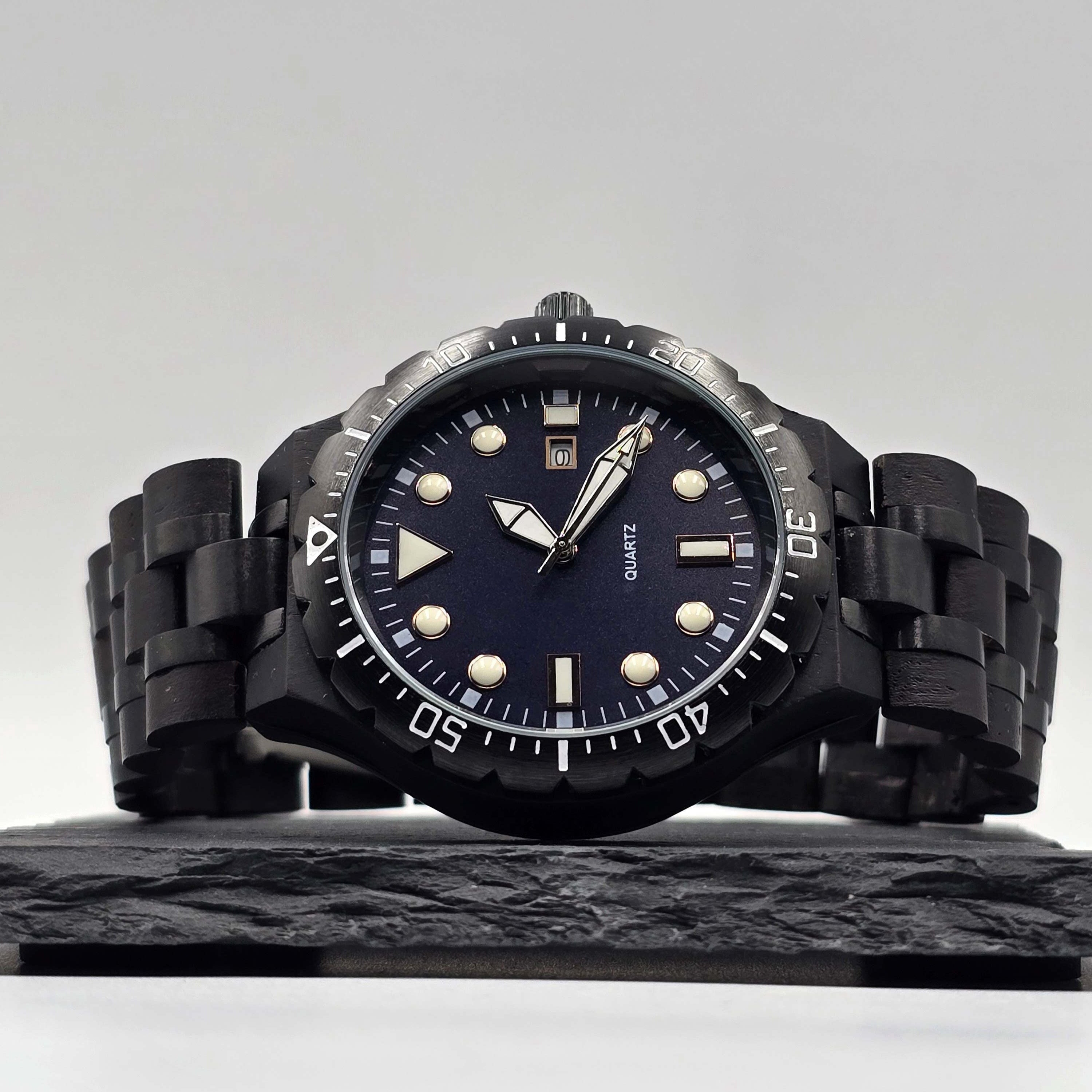 Wrolex Navy - Black Plated Stainless Steel & Ebony Wood Watch