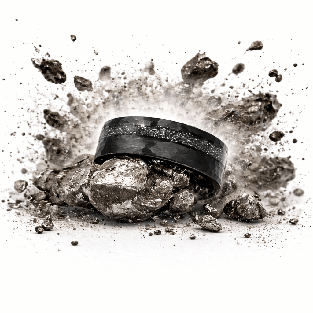 Apollo 13 Black - Black Hammered tungsten & meteorite inlay