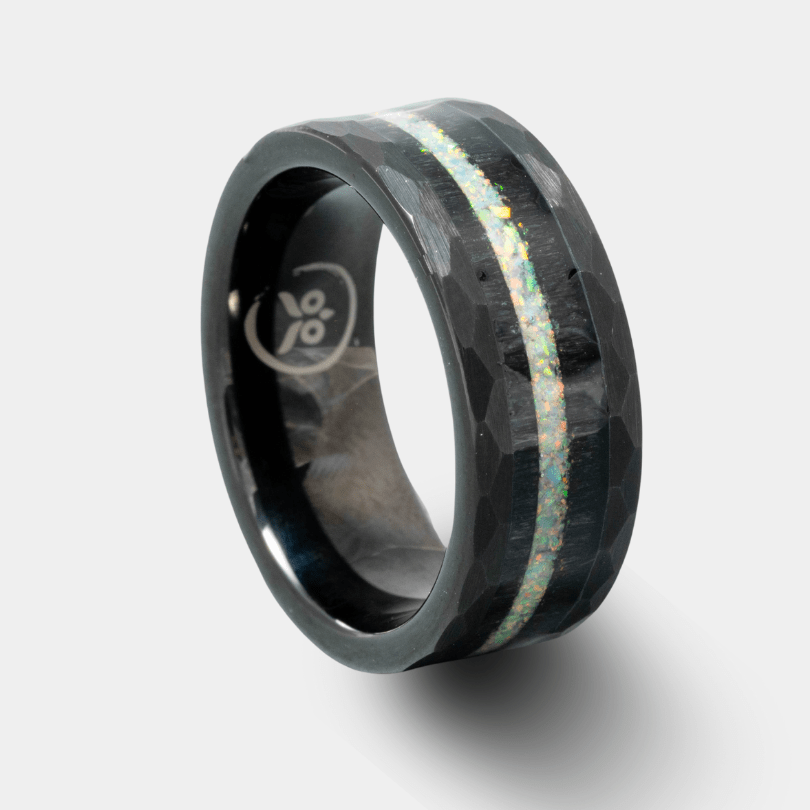 Fire & Ice Opal & Ebony hammered Men's Tungsten Ring