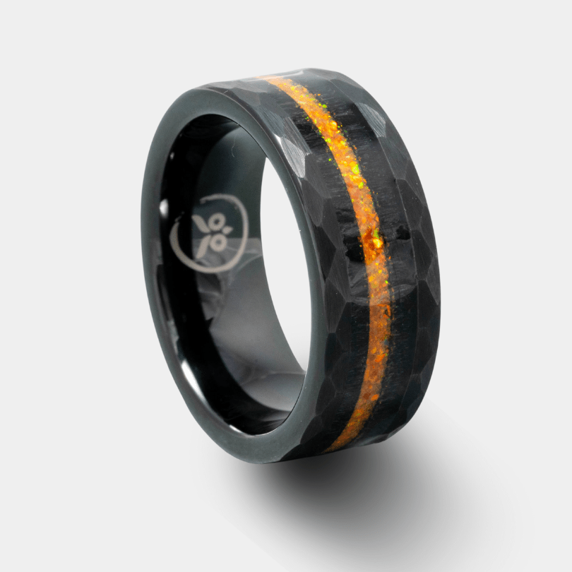 Fire Opal - Ebony Hammered Men's Tungsten Ring