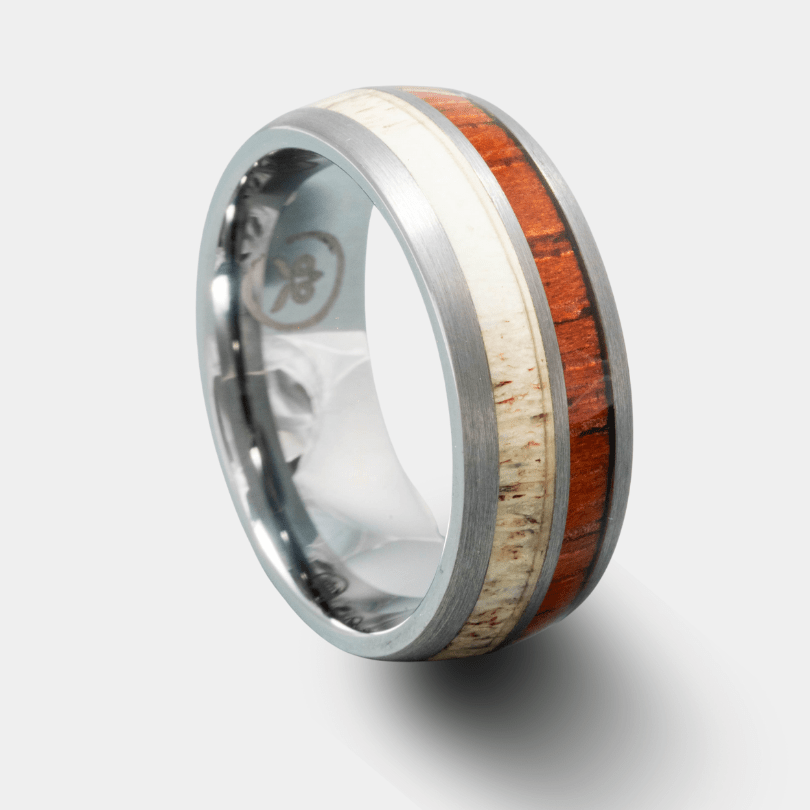 Stainless Steel Ring with outlet Deer Antler and Oak Wood Inlay Men's Ring or Women's Ring