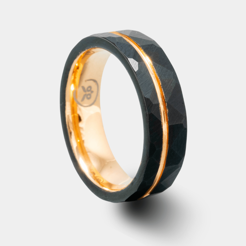 The Mechanic - Black Hammered & Rose Gold Men's Tungsten Ring