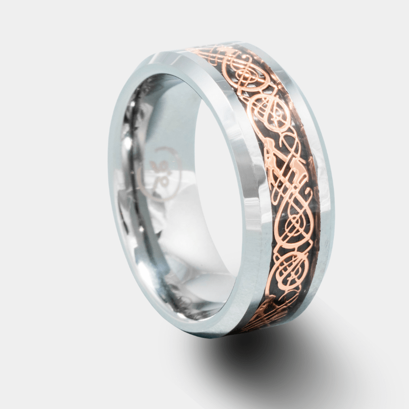 The Revolver - Shiny Men's Tungsten Ring with Rose gold Artwork