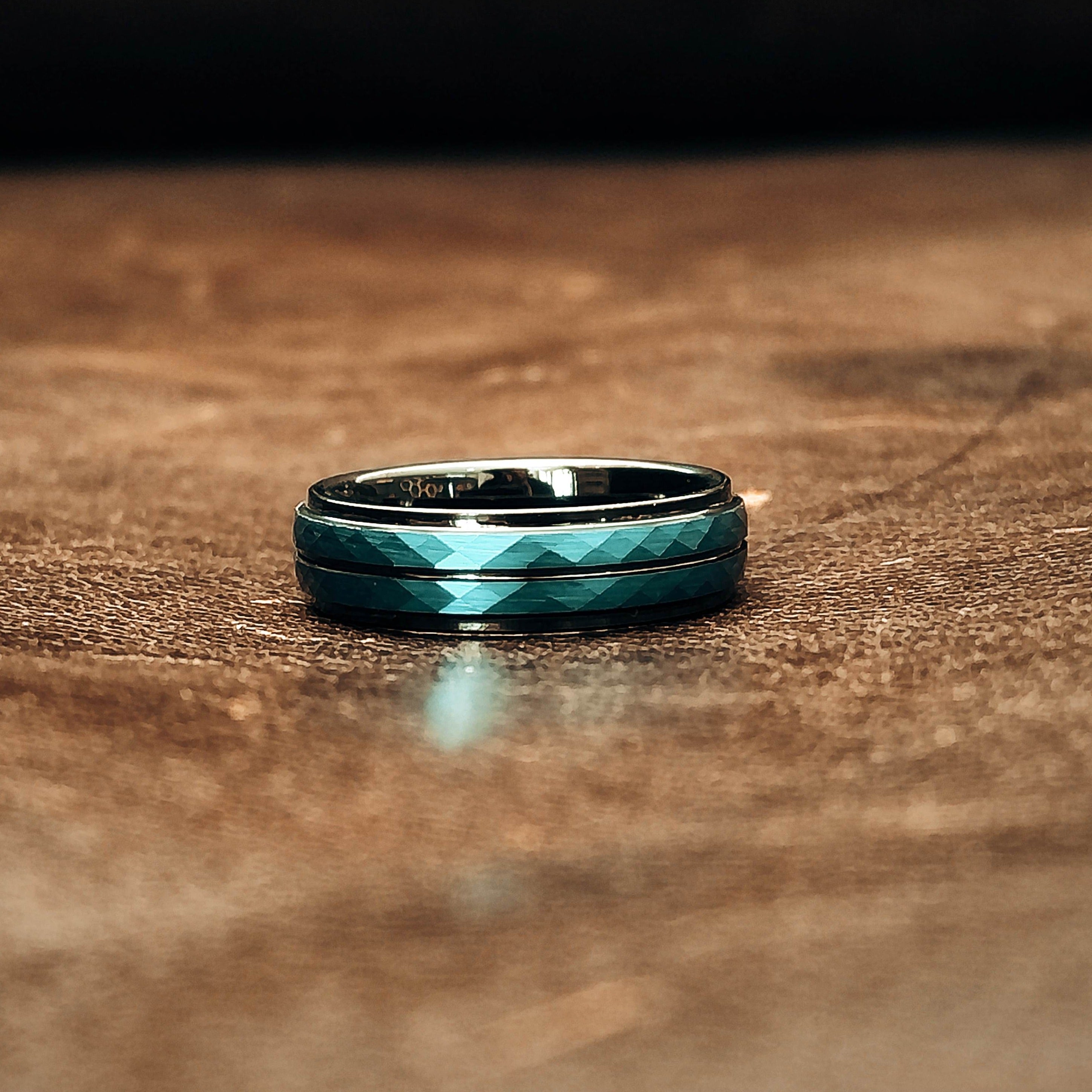 Blue Collar - Black & Navy Blue Men's Tungsten Ring (Hammered)