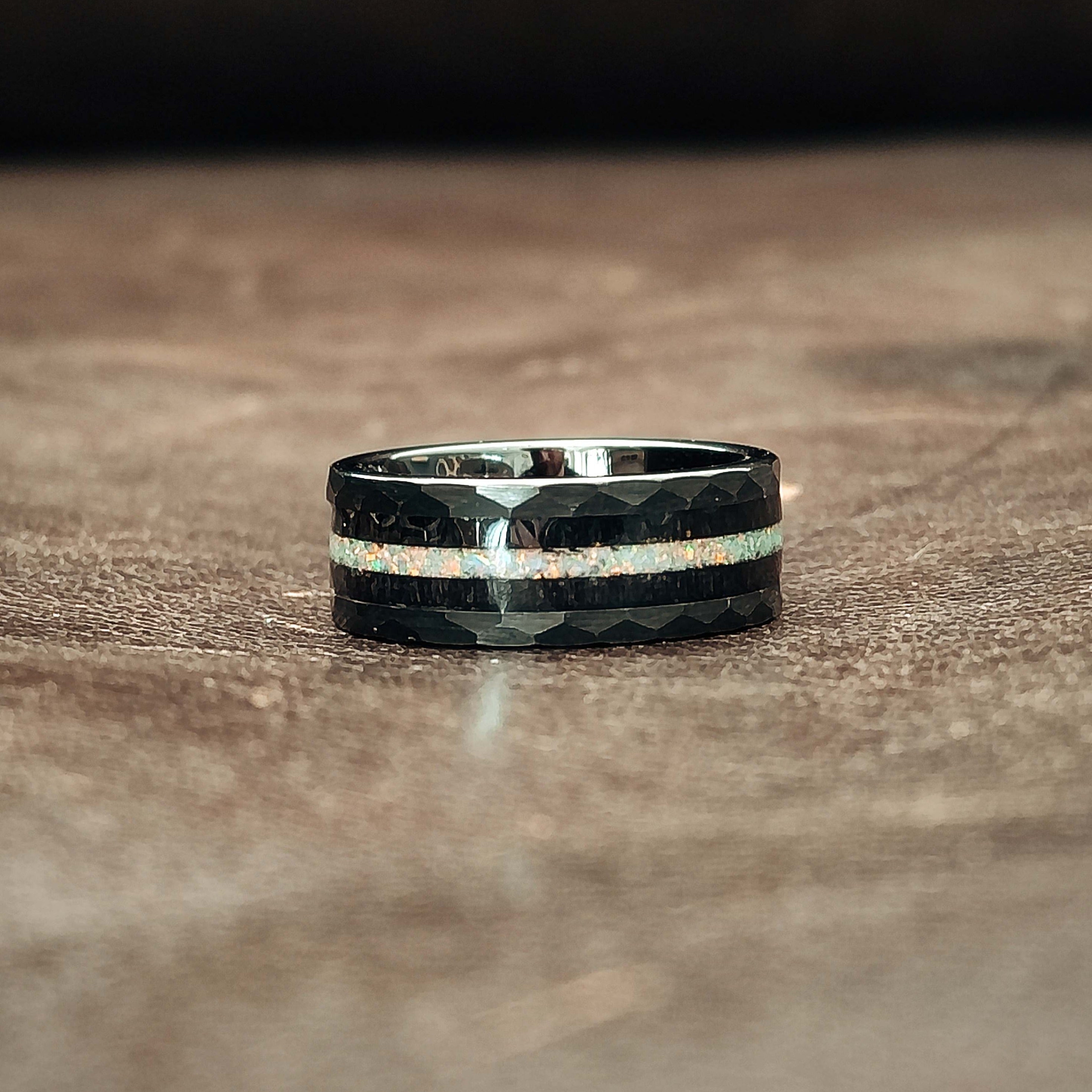 Fire & Ice Opal & Ebony hammered Men's Tungsten Ring