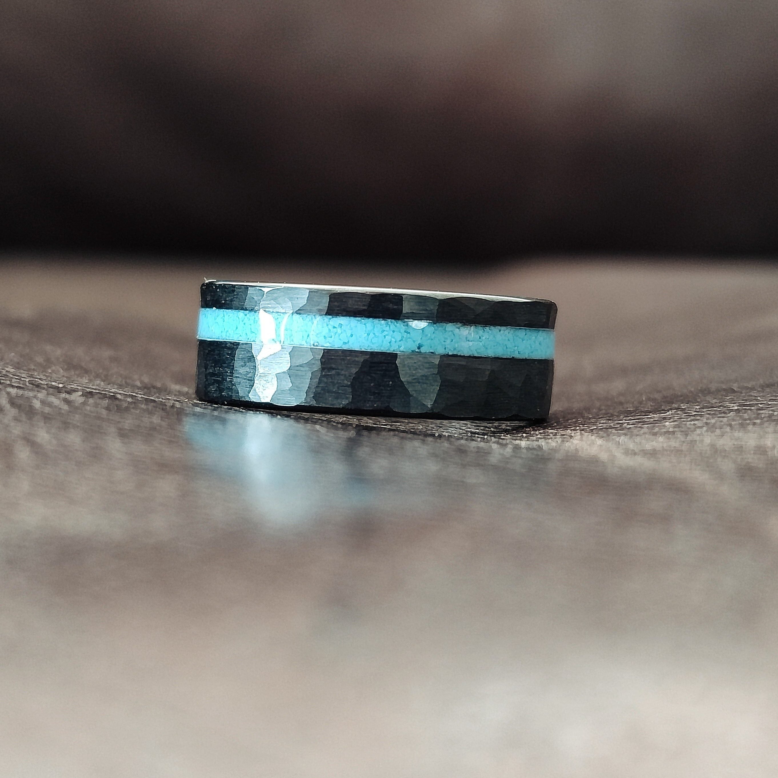Sub Zero - Blue Resin Men's Tungsten Ring (Hammered)