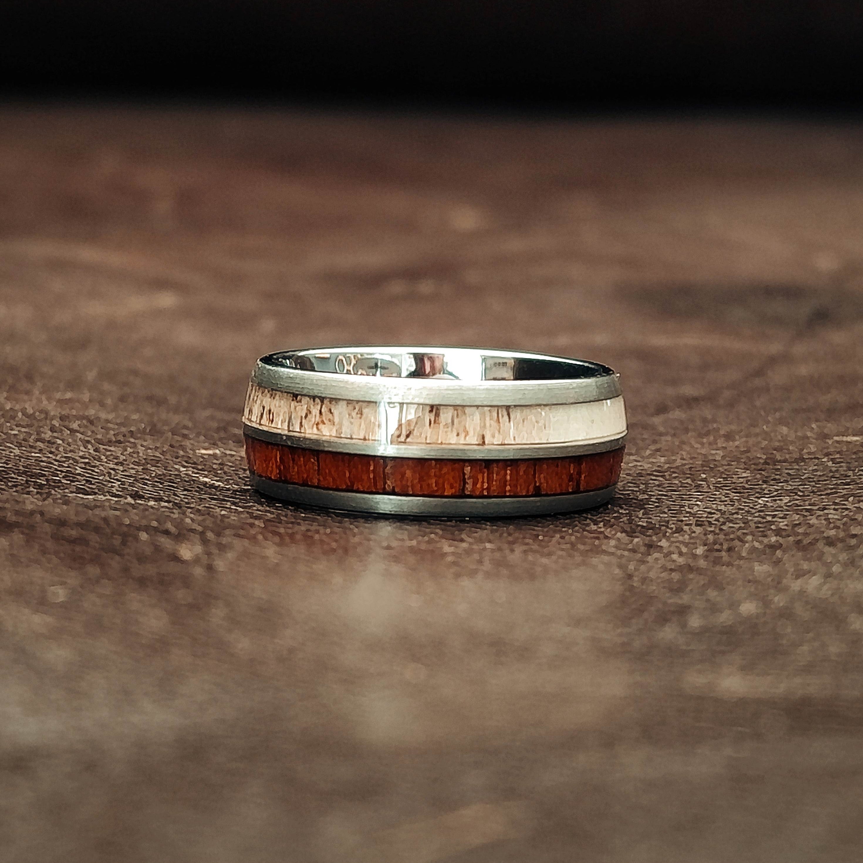 Stainless Steel Ring with outlet Deer Antler and Oak Wood Inlay Men's Ring or Women's Ring