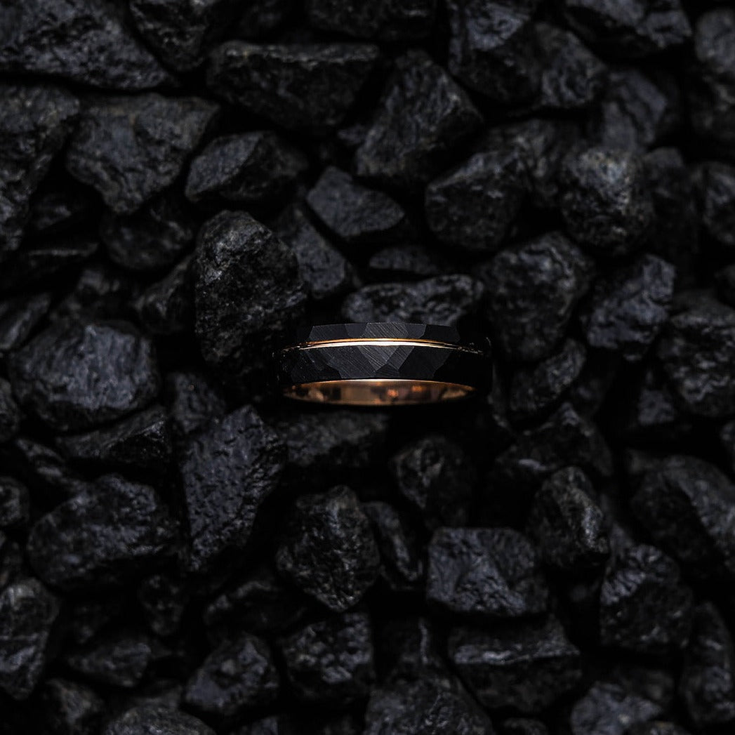 The Mechanic - Black Hammered & Rose Gold Men's Tungsten Ring
