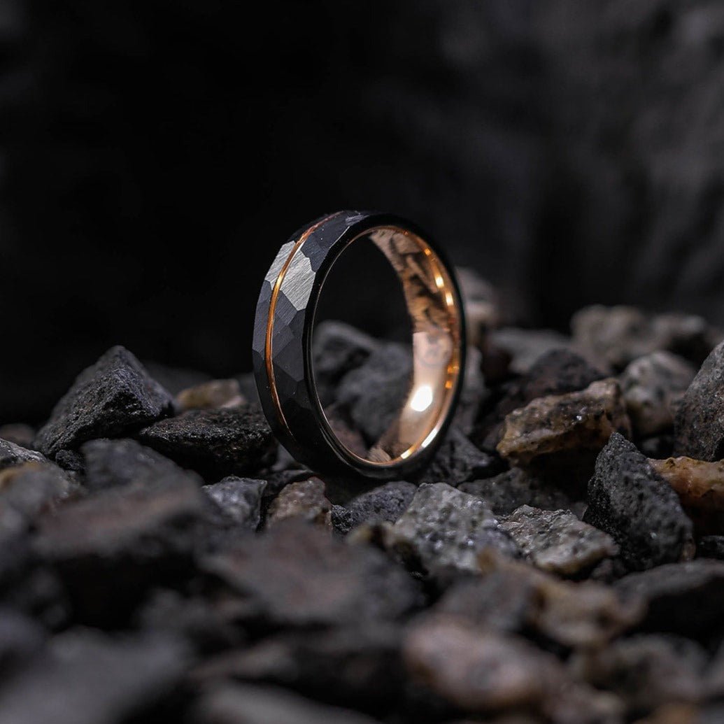 The Mechanic - Black Hammered & Rose Gold Men's Tungsten Ring