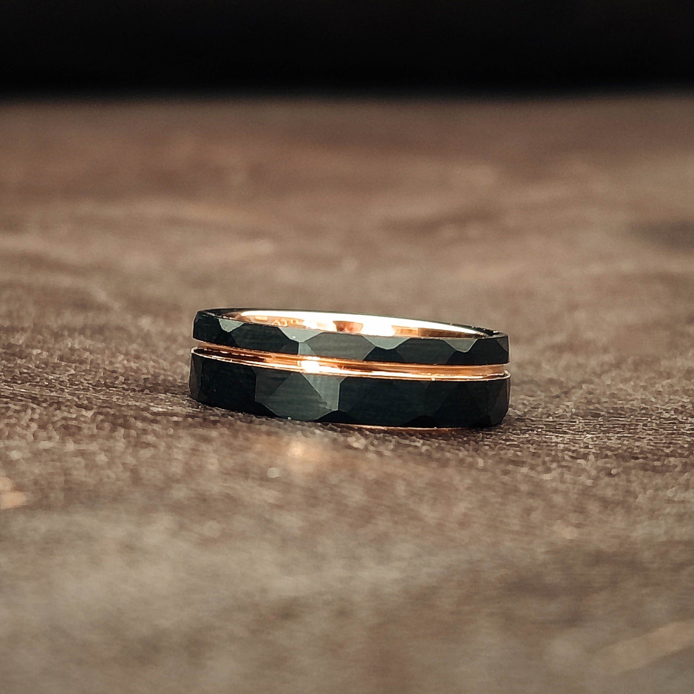 The Mechanic Black Hammered Rose Gold Men's Tungsten Ring 14 Z+3