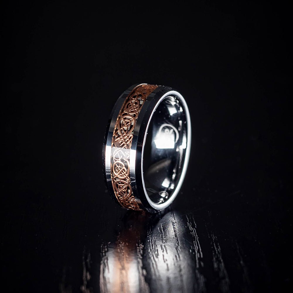 The Revolver - Shiny Men's Tungsten Ring with Rose gold Artwork