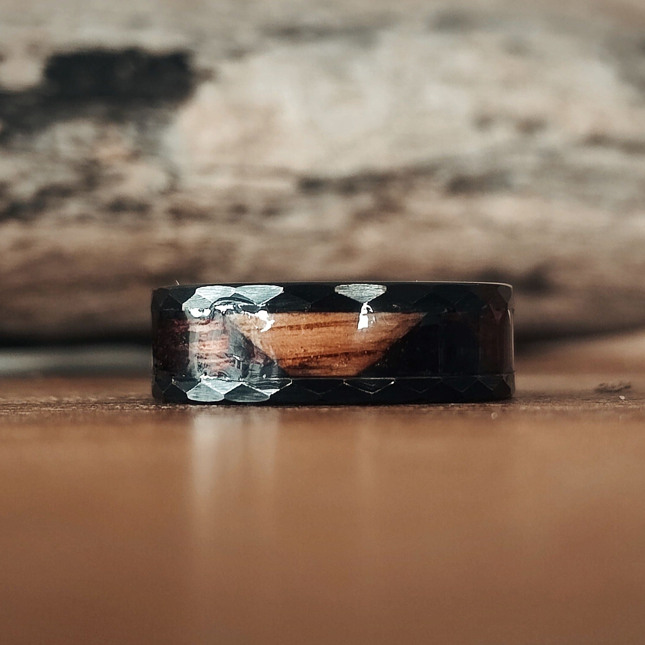 The Viper (New) - Brandy Infused Wood & Tungsten Ring (Hammered)