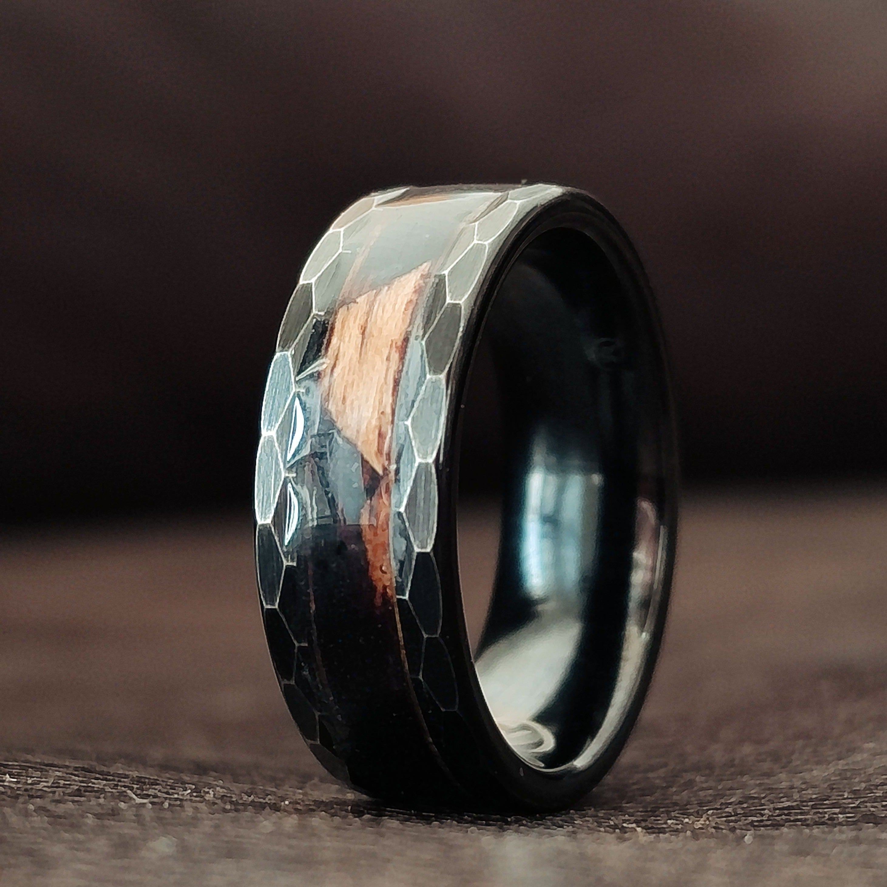 The Viper (New) - Brandy Infused Wood & Tungsten Ring (Hammered)